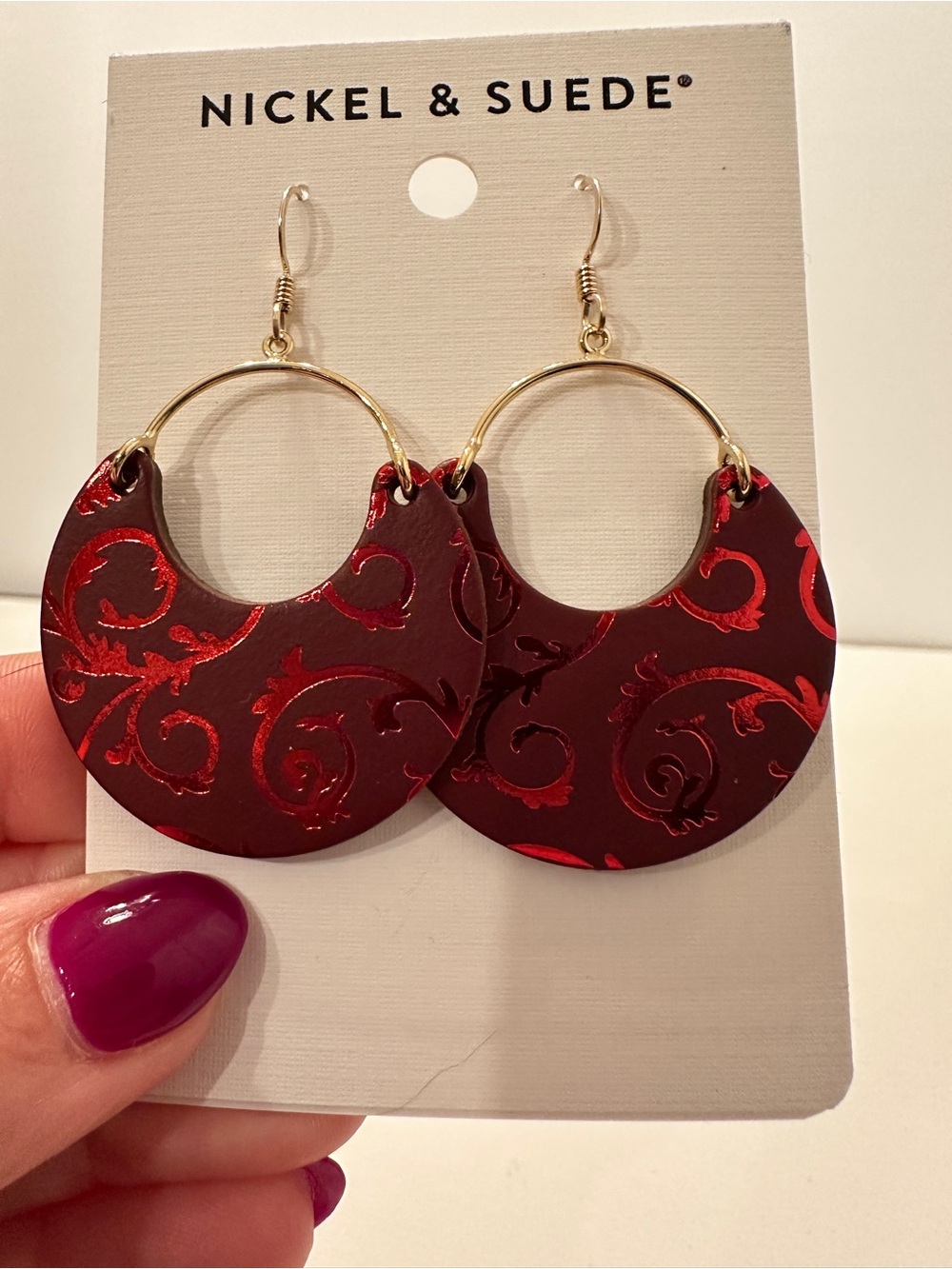 Nickel + Suede Burgundy Baroque Ninas Drop Earrings